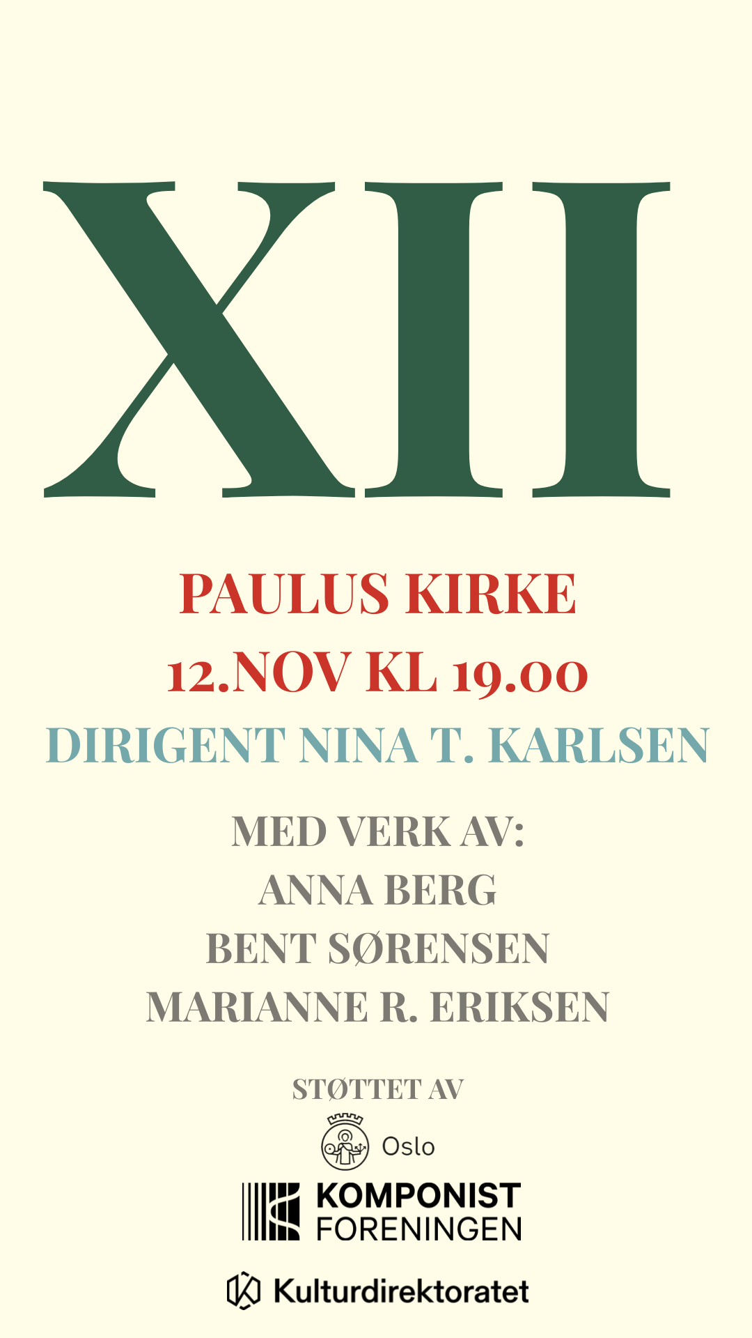 Plakat om tid og sted for konsert med Ensemble 96, søndag 12. november kl 19 i Paulus kirke på Grunerløkka. Design: Liv-Helene Sletttum Sivertsen